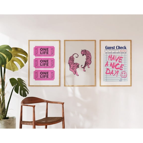 Trendy Wall Art Set Pink Tiger Ticket Stub Guest Check Have a Nice Day Set 3 Unframed Paper Print 8x12