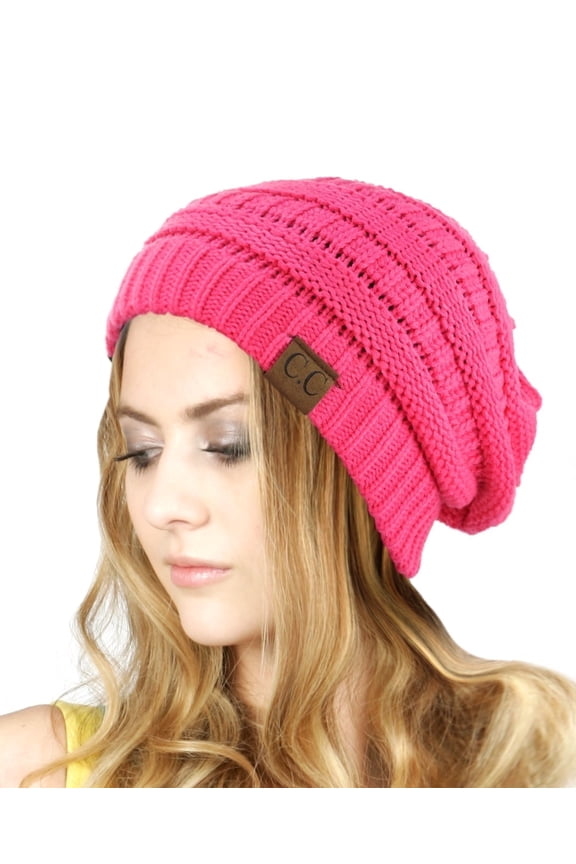 Trendy Warm Chunky Soft Stretch Cable Knit Slouchy Beanie, Candy Pink