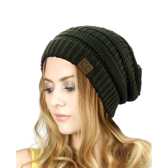 Trendy Warm Chunky Soft Stretch Cable Knit Slouchy Beanie Skully HAT20A-Dark Olive