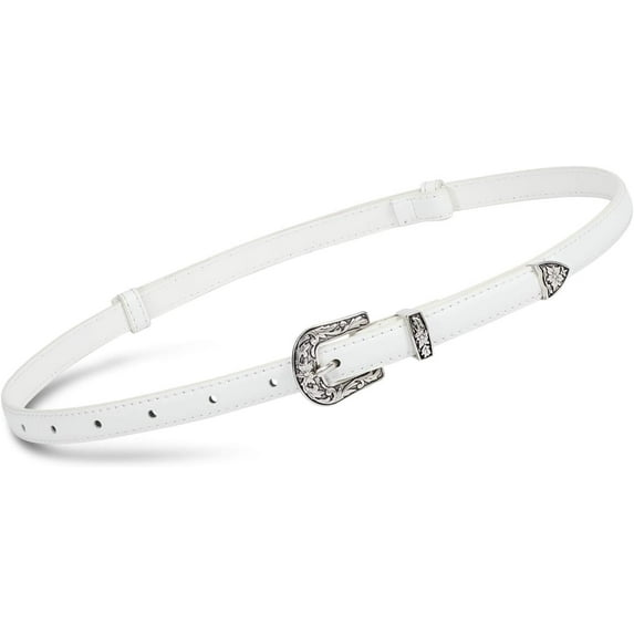 Trendy Western Skinny Belts for Women Adjustable Leather Thin Waist Belt for Dresses with Vintage Buckle