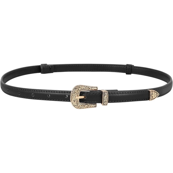 Trendy Western Skinny Belts for Women Adjustable Leather Thin Waist Belt for Dresses with Vintage Buckle