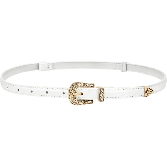 Trendy Western Skinny Belts for Women Adjustable Leather Thin Waist Belt for Dresses with Vintage Buckle