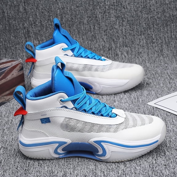 Trendy White and Blue Color-block Basketball Shoes, High-elasticity Cushioned Casual Sneakers, Versatile Fashion Footwear for Students, Sports, and Fitness