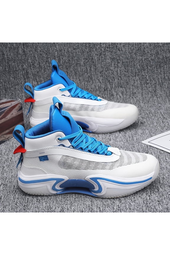 Trendy White and Blue Color-block Basketball Shoes, High-elasticity Cushioned Casual Sneakers, Versatile Fashion Footwear for Students, Sports, and Fitness