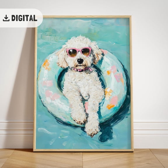 Trendy White Doodle Poster Colorful Summer Doodle Dog Beach Decoration Coastal Poster Wall Art Maximalist Decor Dopamine, Unframed Poster Size 8x12