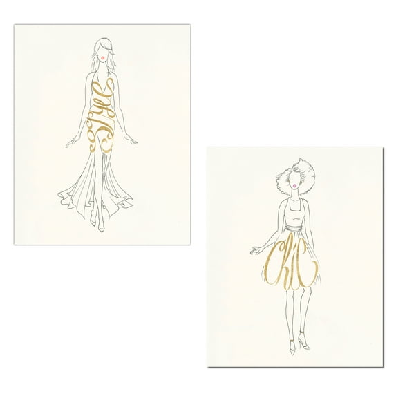Trendy White and Gold Style and Chic Dress Silhouette Set by Elyse DeNeige; Two 11x14in Unframed Paper Posters