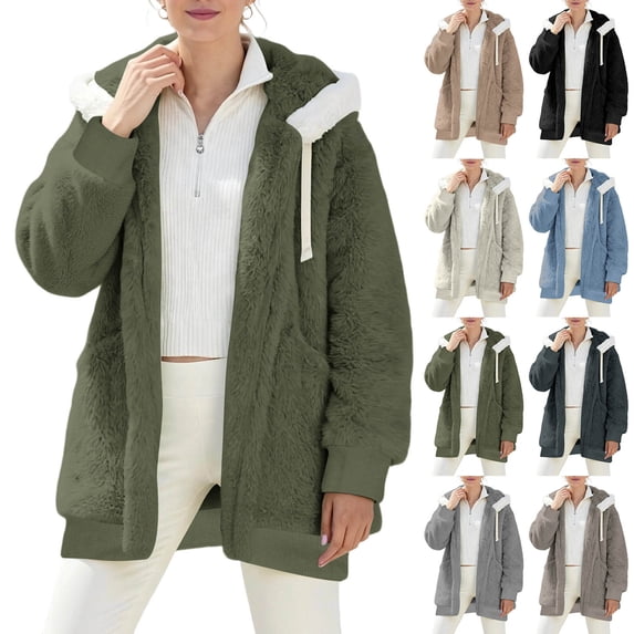 Trendy Women White Fleece Trim Hood Coat,Lightweight Open Front Jacket,Rib Cuff Casual Windproof Warm Oversized Outerwear with Pockets For Winter Outdoor Walk.