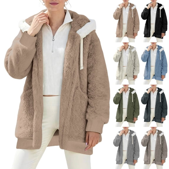 Trendy Women White Fleece Trim Hood Coat,Lightweight Open Front Jacket,Rib Cuff Casual Windproof Warm Oversized Outerwear with Pockets For Winter Outdoor Walk.
