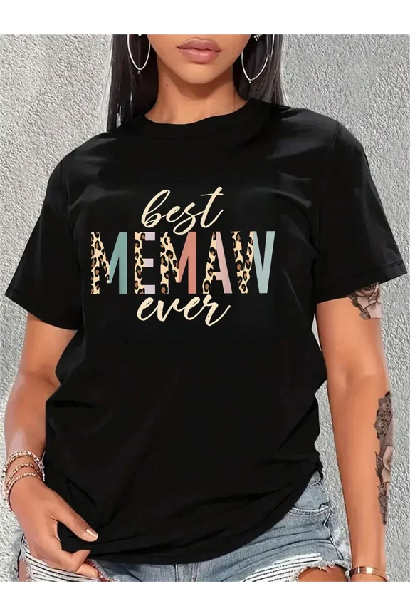 Trendy Women's Best MEMAW Ever Leopard Print Graphic T-Shirt, Stylish Short Sleeve Grandmother Gift Tee, Cute Animal Print Casual Tops