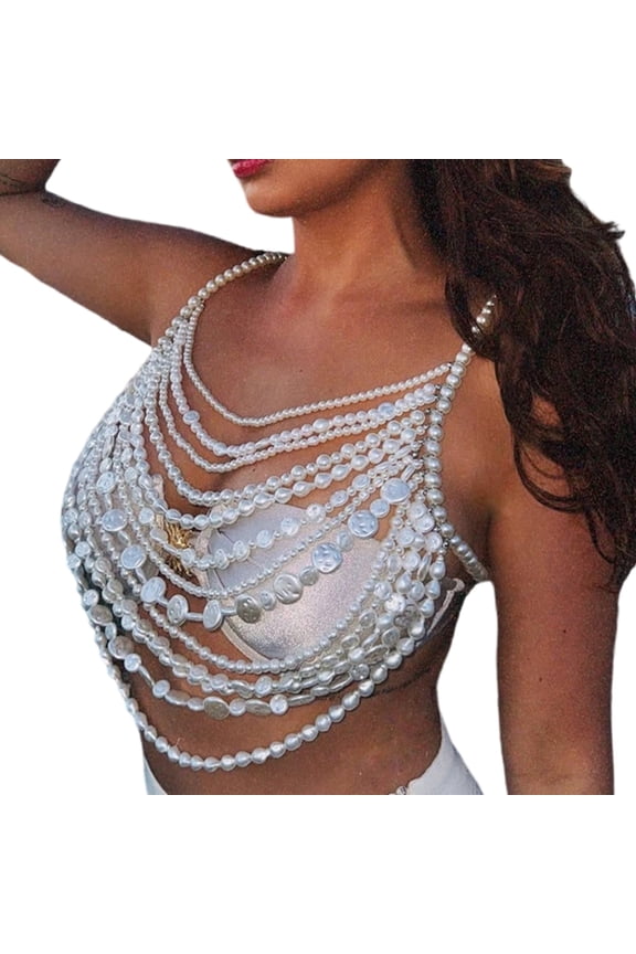 Trendy Women's Body Jewelry Necklace with Multi Layered Faux Pearls Chest Chain Vest Crop Top for Nightclub Party Outfit