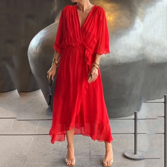Trendy Women's Casual Dress Summer Bohemian Wrap V Neck Ruffle Cap Sleeve Midi Dress with Pleated Hem Elegant A Line Style for Daily Wear