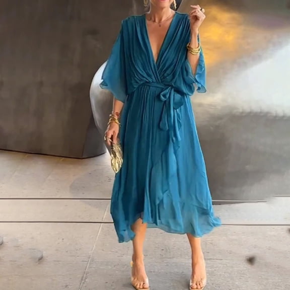 Trendy Women's Casual Dress Summer Bohemian Wrap V Neck Ruffle Cap Sleeve Midi Dress with Pleated Hem Elegant A Line Style for Daily Wear