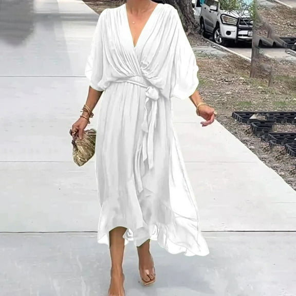 Trendy Women's Casual Dress Summer Bohemian Wrap V Neck Ruffle Cap Sleeve Midi Dress with Pleated Hem Elegant A Line Style for Daily Wear