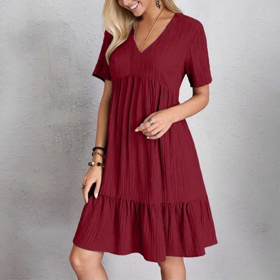 Trendy Women's Casual Dress V Neck Loose Fit Ruffle Hem Beach Summer Outfit Pleated Swing Midi Dress for Everyday Wear and