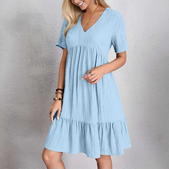 Trendy Women's Casual Dress V Neck Loose Fit Ruffle Hem Beach Summer Outfit Pleated Swing Midi Dress for Everyday Wear and