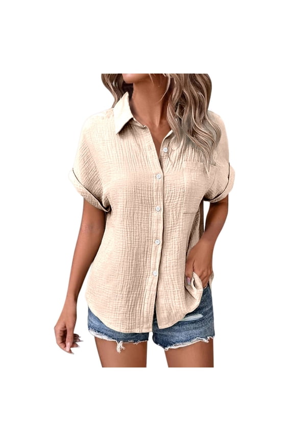 summer tops for women cotton blouses for women Ladies' Fashionable And Casual Solid Color Batsleeved Button Short Sleeved Shirt