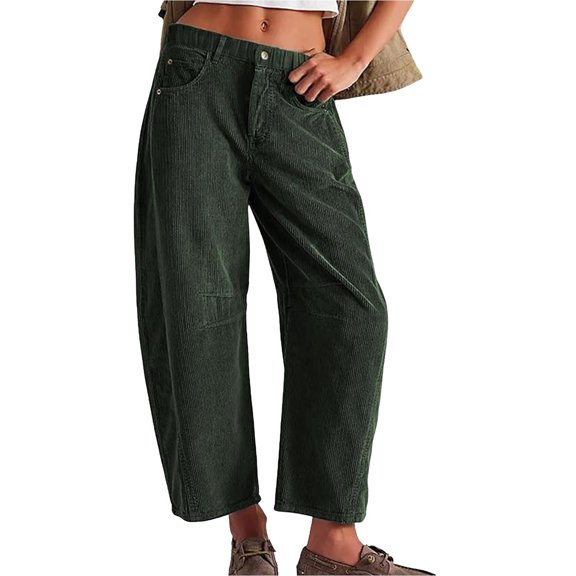 Trendy Women's Corduroy Jeans Cropped Wide Leg Mid-Rise Elastic Waist Fall Pants