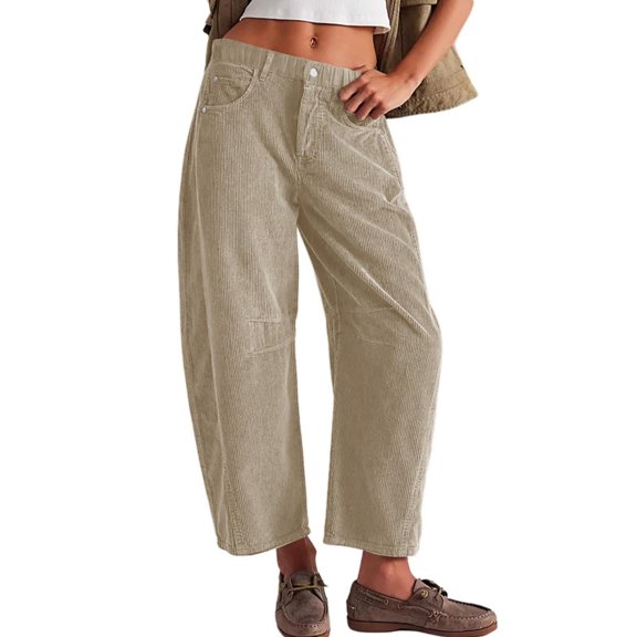 Trendy Women's Corduroy Jeans Cropped Wide Leg Mid-Rise Elastic Waist Fall Pants