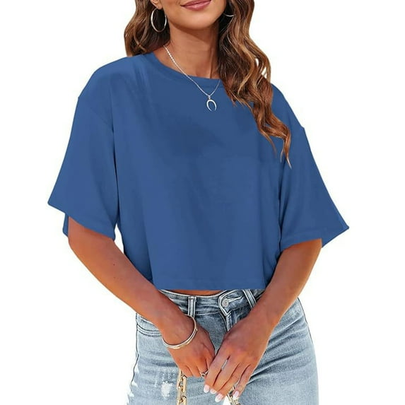 Trendy Women's Crew Neck Cropped T-Shirts Short Sleeve Loose Fit Casual Tops for Everyday Wear