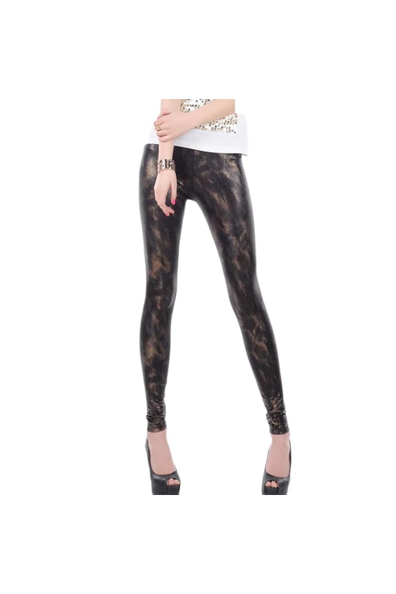 Trendy Women's Faux Leather Snake Print Ankle Length Tights High Waist Stretchy Wet Look Glossy Leggings Pants