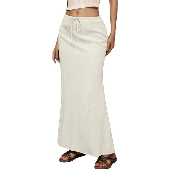 Trendy Women's High-Waisted Drawstring Maxi Skirt with Relaxed Fit Side Split Versatile for Everyday and Style