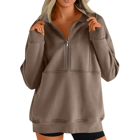 Trendy Women’s Loose Fit Half Zip Sweatshirt Pullover, Long Sleeve Casual Comfy Oversized Fleece Top Light Brown