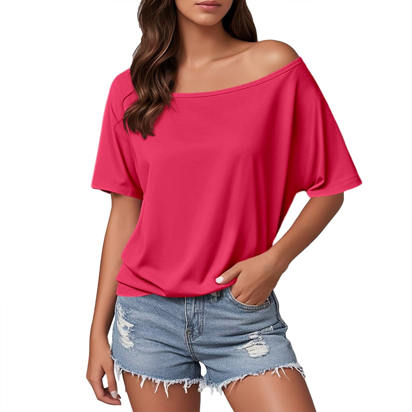 Trendy Women's Off-Shoulder Solid Color T-Shirt - Casual