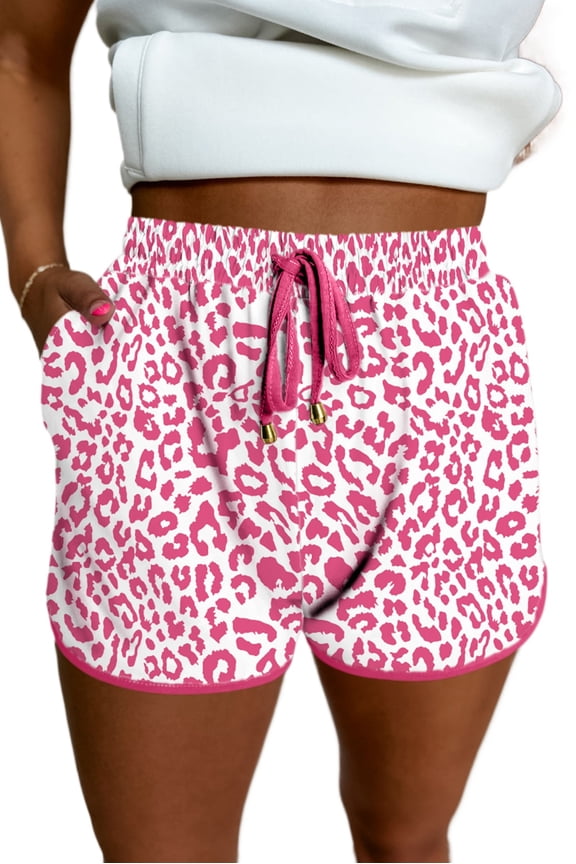 Trendy Women's Pink Leopard Print Casual Shorts with Elastic Waist and Lace-Up Detail | [ZhiHiMeRi] | (US 12-14)L
