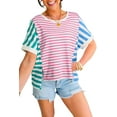 thumbnail image 1 of Trendy Women's Pink Stripe Mixed Pattern Patchwork Tee with Uneven Hem | [ZhiHiMeRi] | (US 12-14)L, 1 of 9