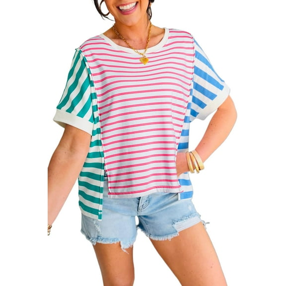 Trendy Women's Pink Stripe Mixed Pattern Patchwork Tee with Uneven Hem | [ZhiHiMeRi] | (US 16-18)XL