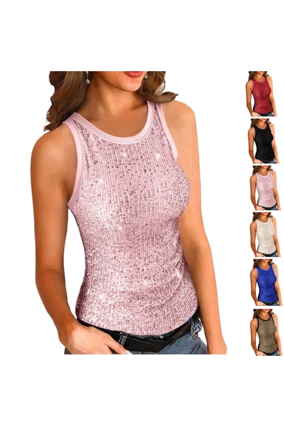 Trendy Women's Sequin Crop Tank Crew Neck Sleeveless Slim Fit Sparkle Shimmer Vest, Summer Casual Club Party Going Out Blouse,Pink XL