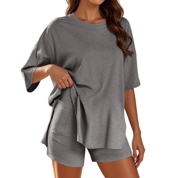 Trendy Women's Shorts Suit For Everyday Wear And Vacations Stylish Round Neck Design Solid Color Outfit Ideal For Summer Adventures With Sneakers