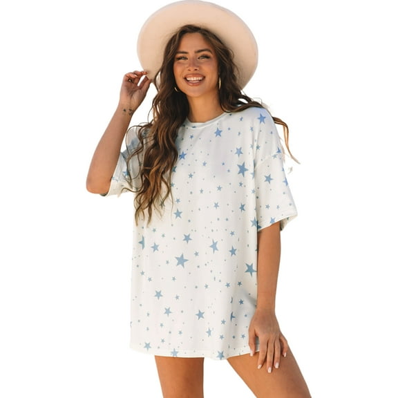 Trendy Women's Sky Blue Oversized Tee - Casual Star Print Design - [ZhiHiMeRi] | (US 8-10)M