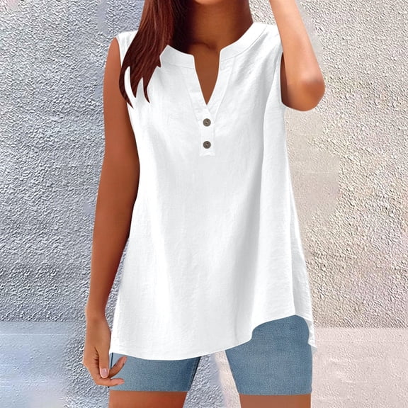 Trendy Women's Sleeveless Blouse Summer Casual Button V Neck Tunic Linen Tops for Everyday Outfits