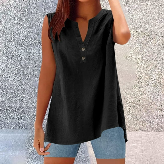 Trendy Women's Sleeveless Blouse Summer Casual Button V Neck Tunic Linen Tops for Everyday Outfits