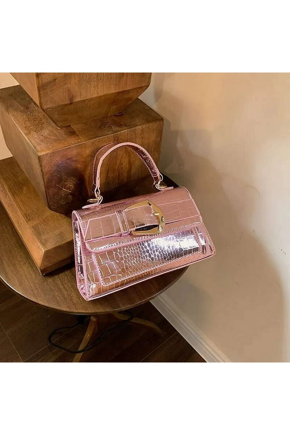 Trendy Women's Small Square Handbag in Genuine Leather with Croc Print and Laser Finish