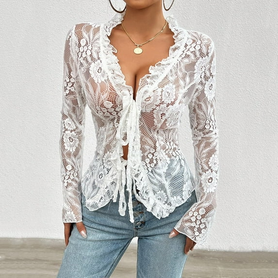 Trendy Women's T-Shirts Sheer Long Sleeve Mesh Lace Tops with Floral Embroidery and Tie Up Front Design for Stylish Ladies