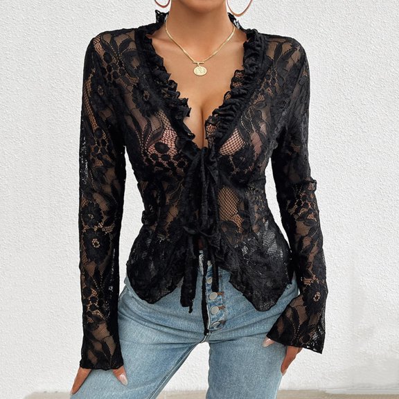 Trendy Women's T-Shirts Sheer Long Sleeve Mesh Lace Tops with Floral Embroidery and Tie Up Front Design for Stylish Ladies