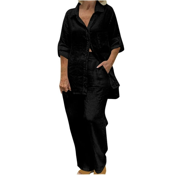 Trendy Womens 2 Piece Outfits Plus Size Cotton Linen Set, Long Sleeve Button Shirt Matching Elastic Waist Pants Suit, Womens Spring Outfits Travel Outfits for Women 2 Piece Sets Black M