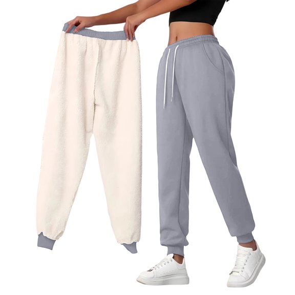 Trendy Womens Fleece Lined Sweatpants Elastic Waisted Drawstring Winter Baggy Lounge Travel Pants Fashion Outfits Joggers Clothes