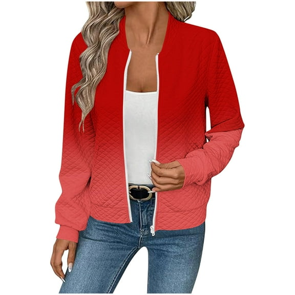 Trendy Womens Jacket with Pockets Waffle Textured Loose Casual Bomber Coat No Hood Long Sleeve Outerwear Clothes (M, Wine|Gradient)