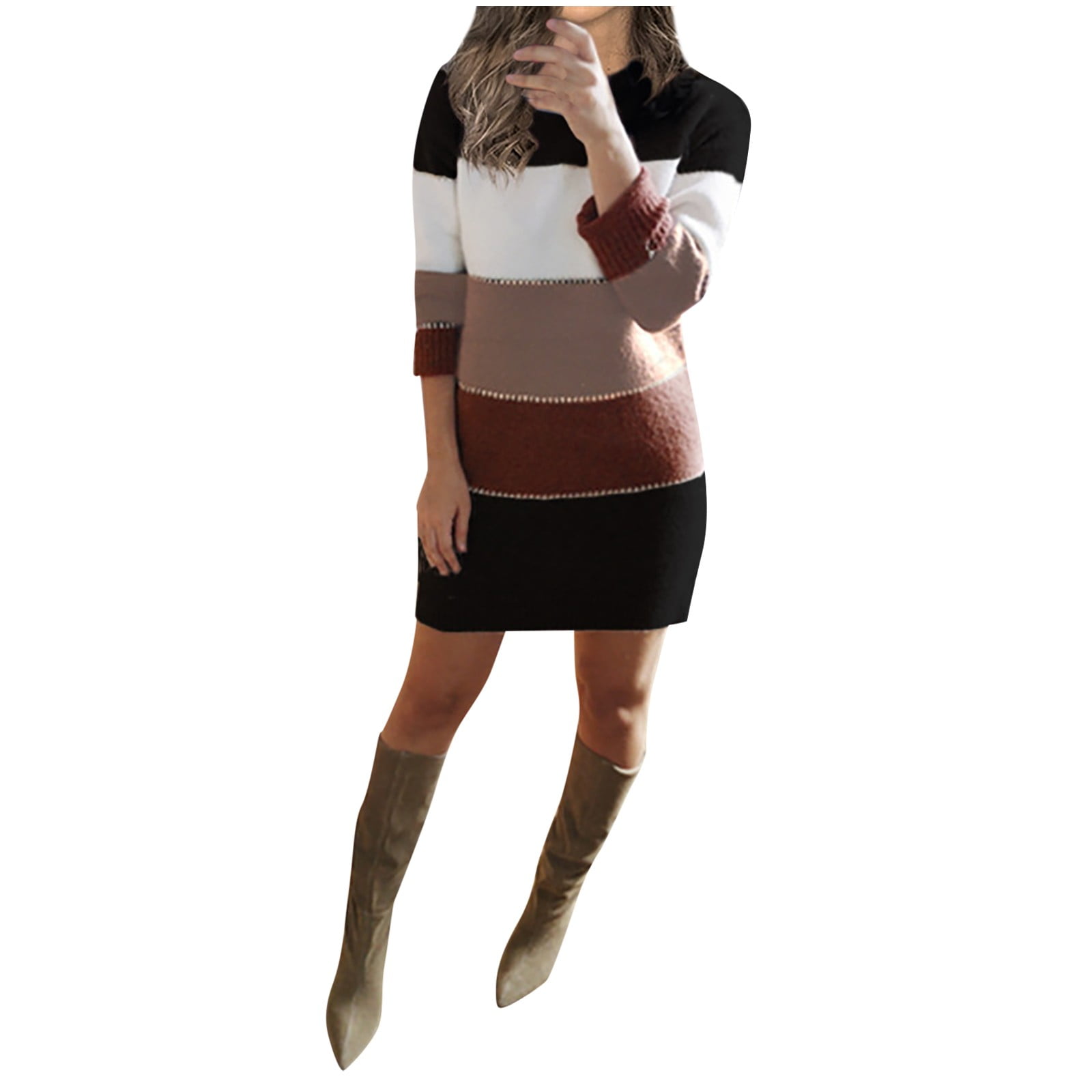 Trendy Womens Sweater Dress Round Neck Sleeve Color Block Knitted
