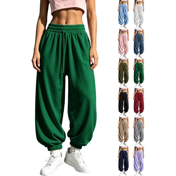 Trendy Workout Joggers Sweatpants Oversized for Women Fashionable Elastic Drawstring Waist Loose Fit Ribbed Cuffed Ankle Casual Athletic Workout Lounge Fall Winter Everyday Pants with Pockets