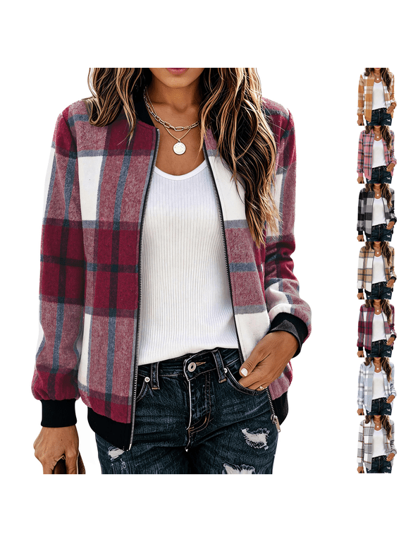 Trendy Zip Up Jackets for Women Lightweight Plaid Coat Casual Fall Winter Clothing with Pockets