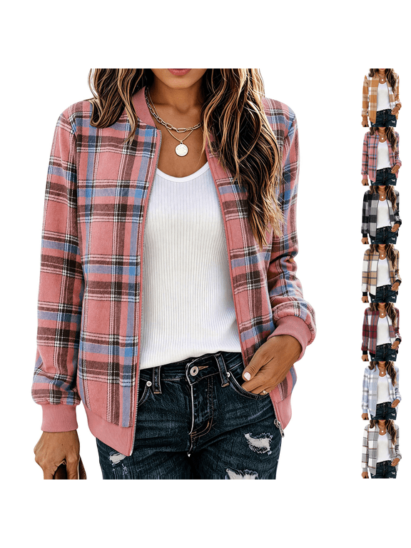 Trendy Zip Up Jackets for Women Lightweight Plaid Coat Casual Fall Winter Clothing with Pockets