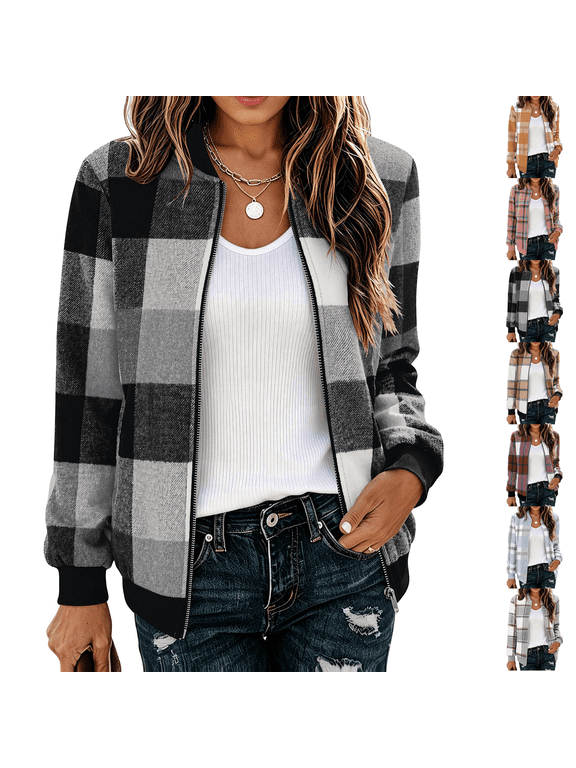 Trendy Zip Up Jackets for Women Lightweight Plaid Coat Casual Fall Winter Clothing with Pockets