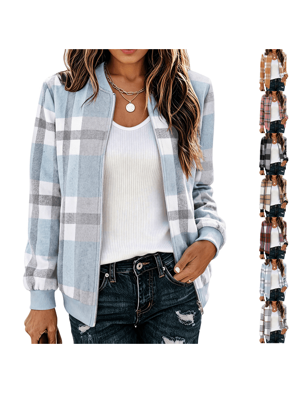 Trendy Zip Up Jackets for Women Lightweight Plaid Coat Casual Fall Winter Clothing with Pockets