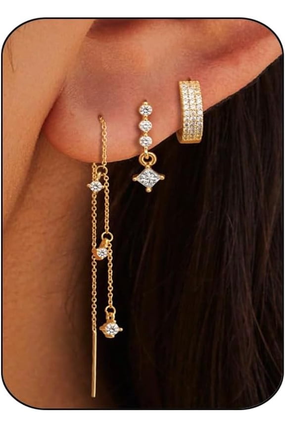 Trendy Zircon Tassel Chain Threader Earrings Set for Women Chain Dangle Earrings Dainty Rhinestone Hoop Earrings Set for Women Stack Jewelry Long Drop Ear Line[j6659]