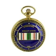 Trendy Zone 21 Desert Storm Pocket Watch 2" Gold Finish Metal Watch with Blue Circle & Gold Stars Surrounding The Center with War Ribbon Arabic Numbers, Japanese Quartz Movement 14" Chain with Hook