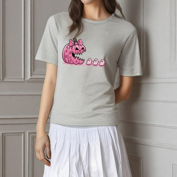 Trendy and Cotton Women's Pink Pumpkin Ghosts Graphic Tee T Shirt Top Short Sleeve Round Neck Gray S-3XL